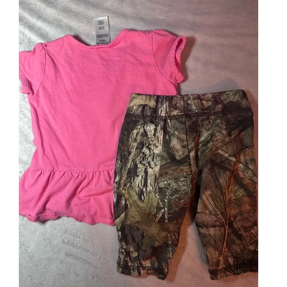 Carhartt Baby Girls 12M 2-Piece Set Pink Deer Peplum Top Camo Leggings Outfit
